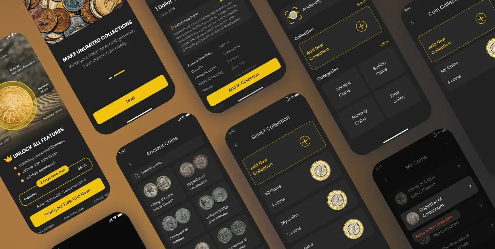 Coin Identifier multiple mobile screens overview showcasing the complete collectibles AI app experience built by Neon Apps development team