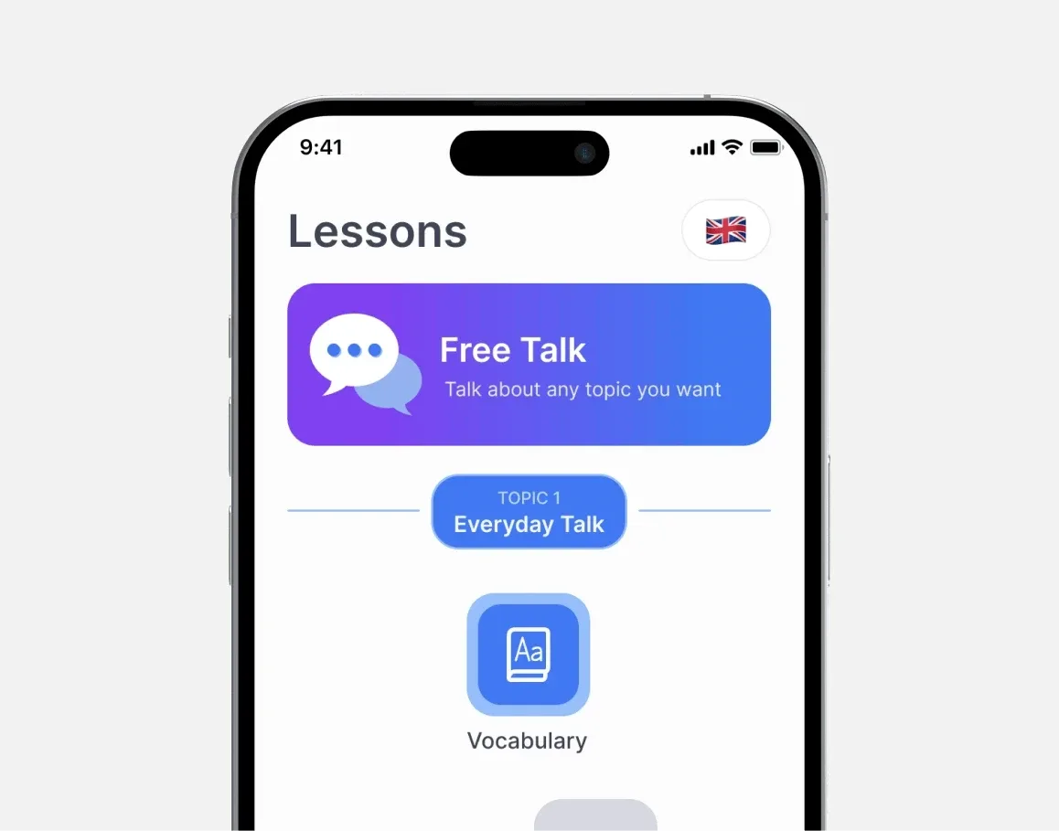 Lina main app screen on iPhone showing the AI English speaking tutor app primary interface and user flow
