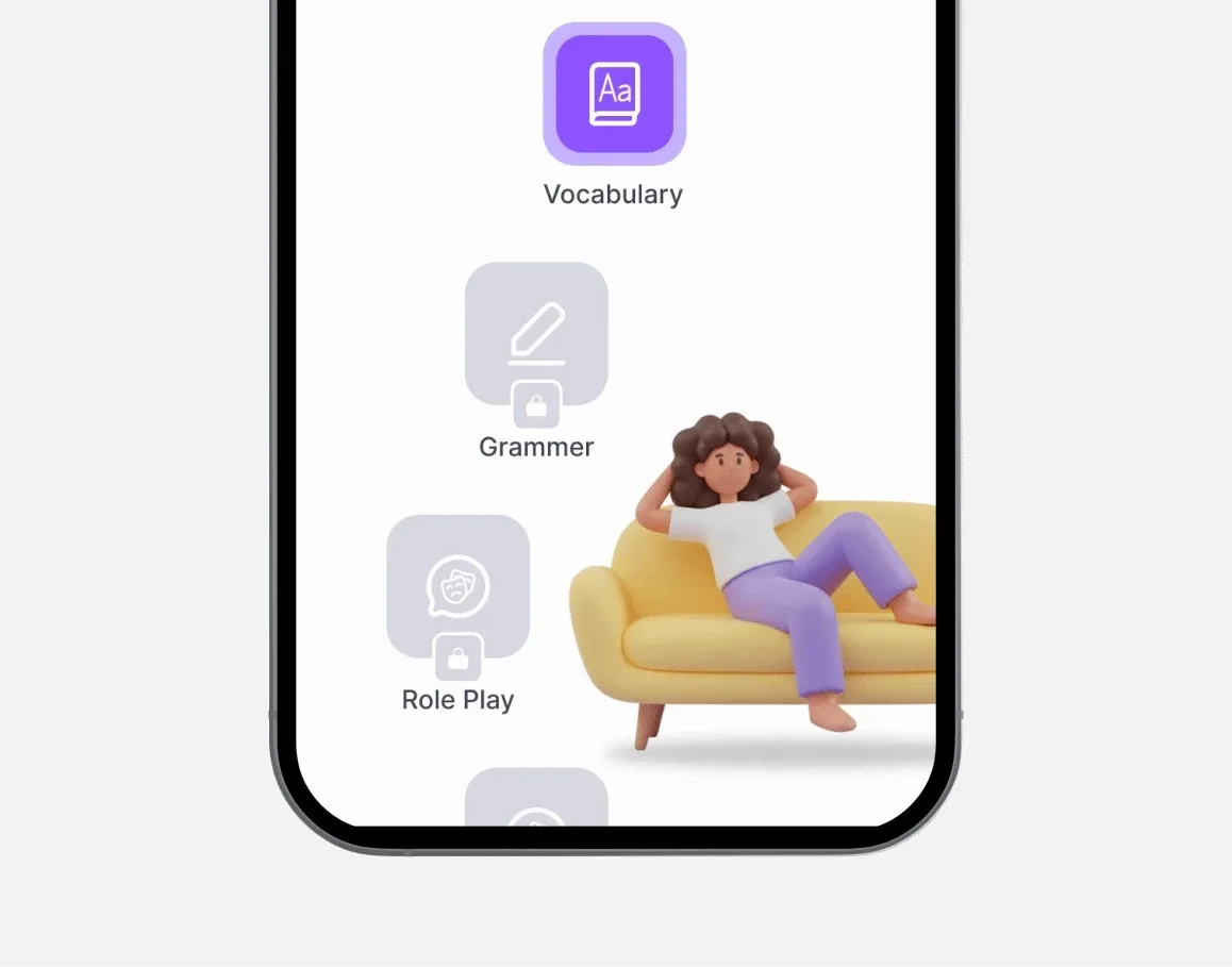 Lina detail or secondary feature screen displaying key language learning functionality of the mobile app developed by Neon Apps