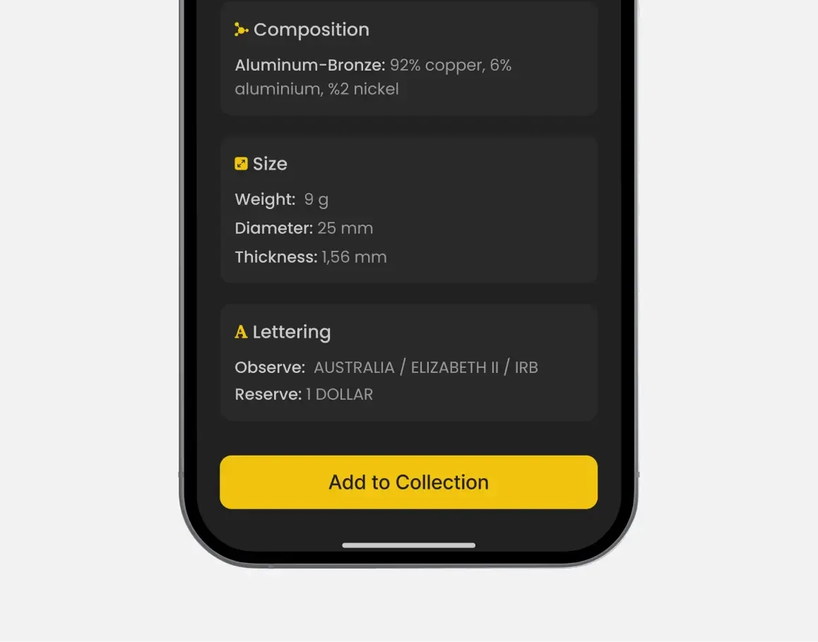 Coin Identifier detail or secondary feature screen displaying key collectibles AI functionality of the mobile app developed by Neon Apps