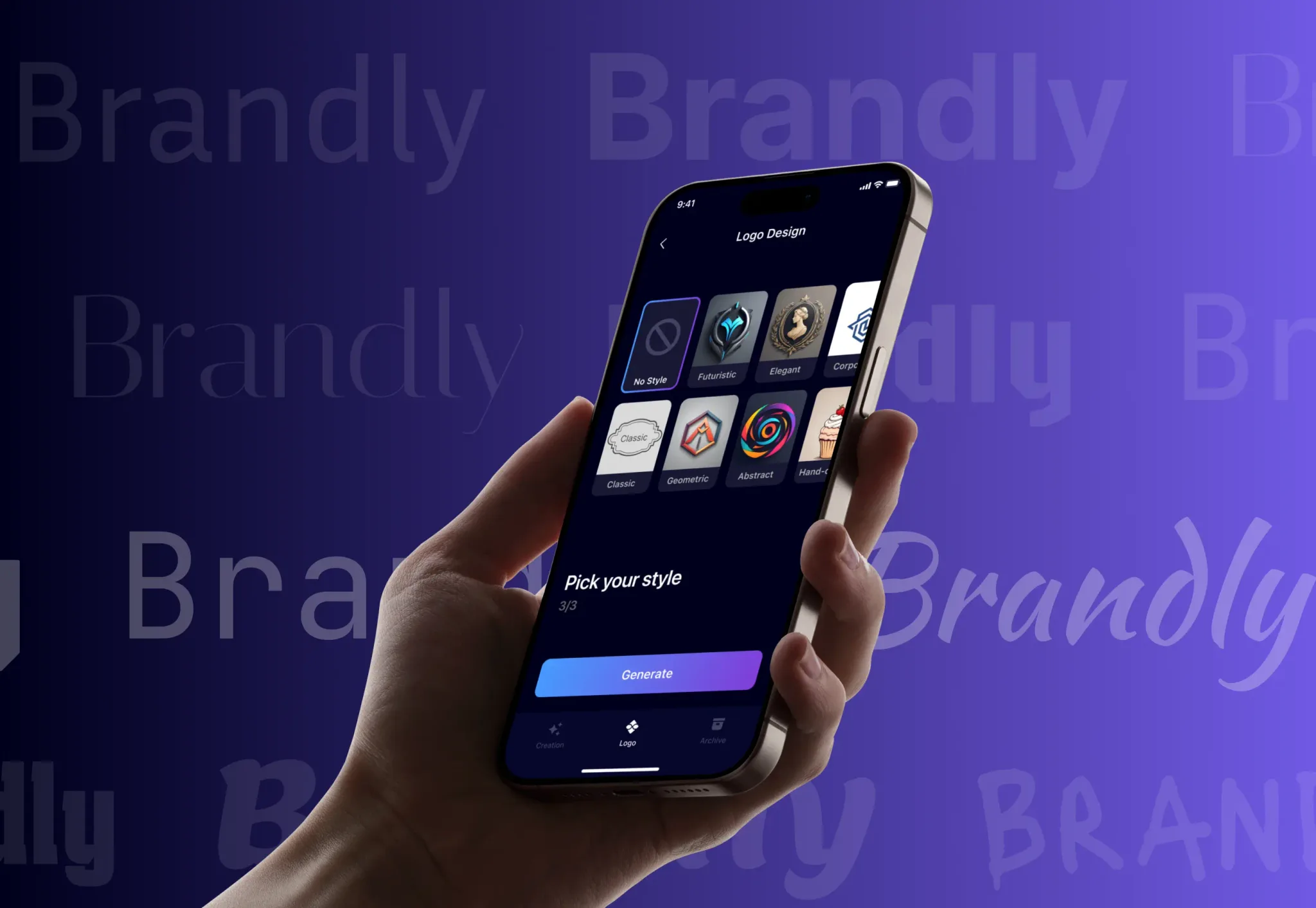 Brandly AI brand maker app for logo design, product photos, and promo videos – mobile app by Neon Apps